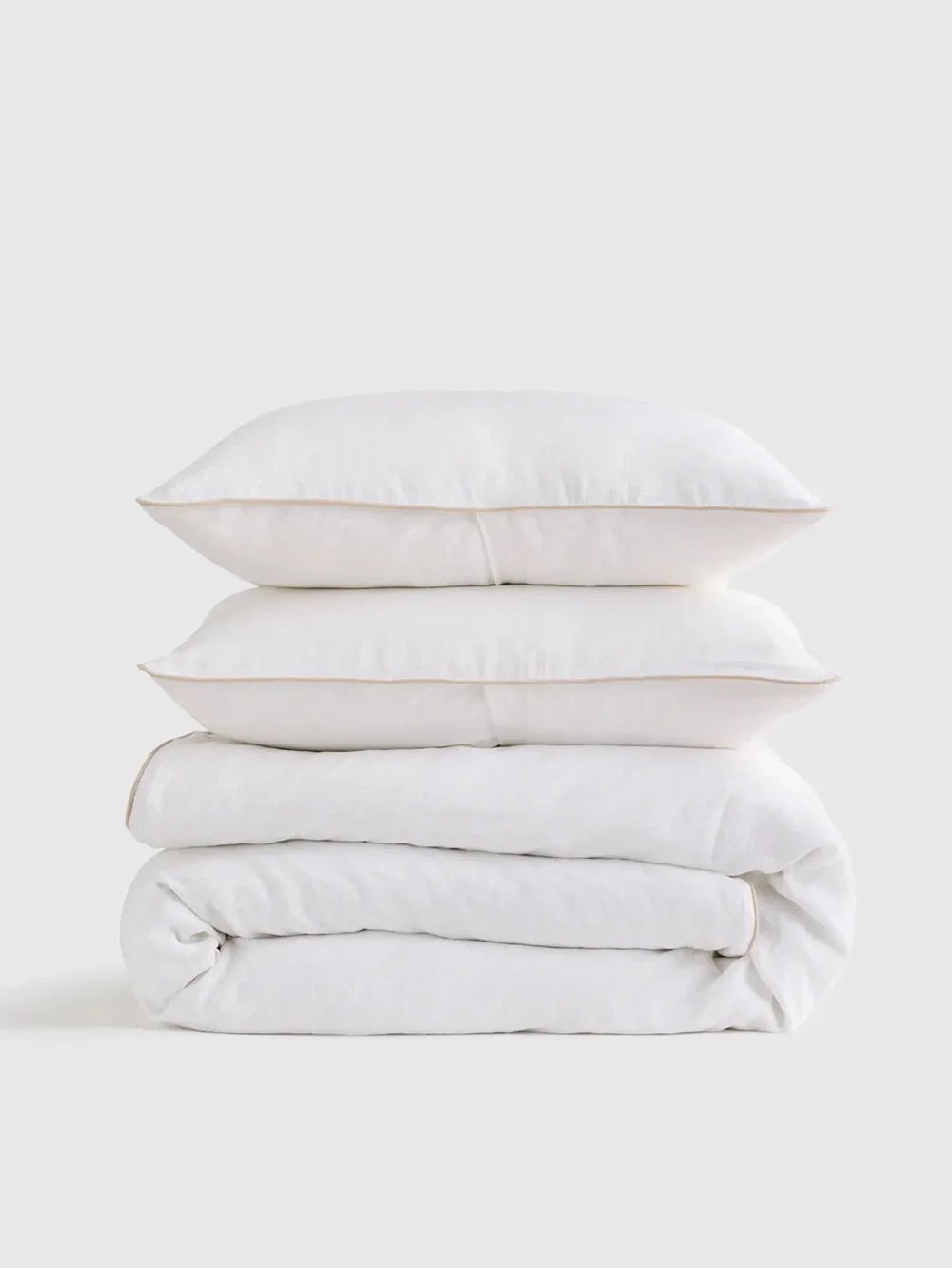 New Quince European Linen Piped Duvet Cover Set Full/Queen - White/Toffee $184